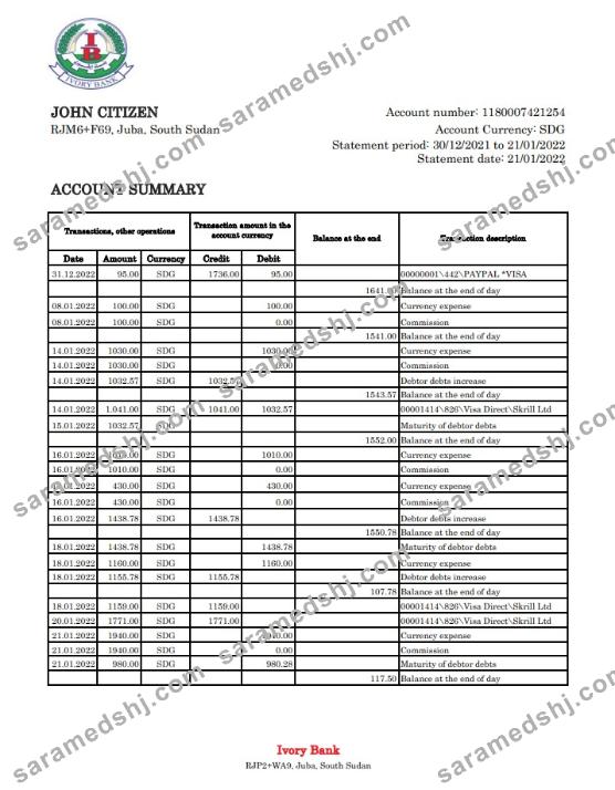 South Sudan Ivory Bank statement xls